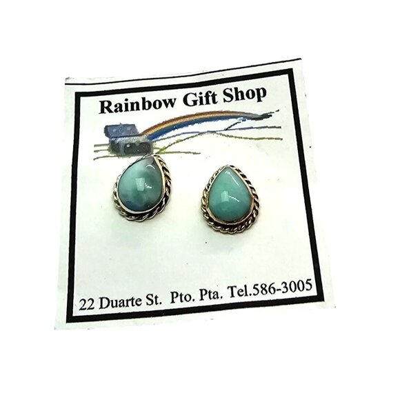 Sterling Silver Larimar Teardrop Cabochon Pierced Earrings Dominican Republic - Picture 8 of 10